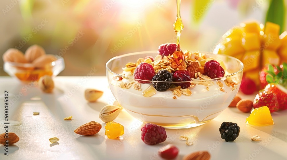 Delicious yogurt topped with fresh berries, nuts, and honey, perfect for a healthy breakfast or snack in a sunny setting. Delicious yogurt topped with fresh berries, nuts, and honey, perfect for a healthy breakfast or snack in a sunny setting.