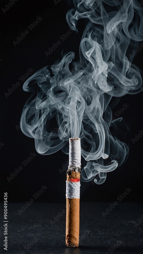 Smoke swirling from cigarette on black surface, showcasing smoking health hazard Smoke swirling from cigarette on black surface, showcasing smoking health hazard