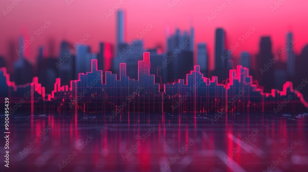 Digital graph overlay on cityscape under red sky, illustrating stock market trends, finance, and urban economy against a modern skyline. Digital graph overlay on cityscape under red sky, illustrating stock market trends, finance, and urban economy against a modern skyline.