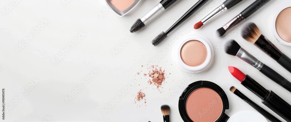 Makeup Brushes and Products on White Background Makeup Brushes and Products on White Background