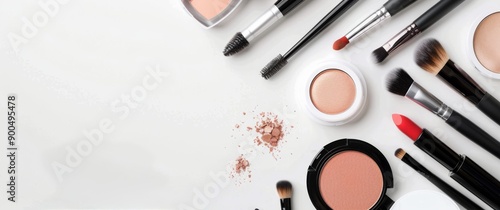 Makeup Brushes and Products on White Background