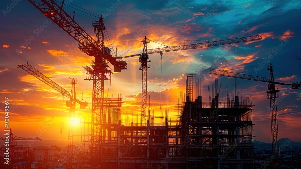 Silhouetted cranes at a construction site against a vibrant sunset, showcasing industrial progress and urban development. Silhouetted cranes at a construction site against a vibrant sunset, showcasing industrial progress and urban development.
