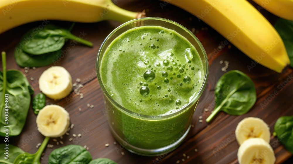 A glass of green smoothie with fresh spinach and bananas around, leaving ample room for text A glass of green smoothie with fresh spinach and bananas around, leaving ample room for text