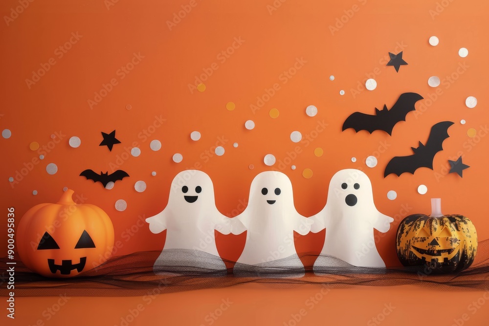 Obraz premium Halloween Ghosts and Bats on Orange Background