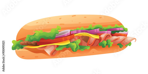Submarine sandwich with ham, cheese, lettuce, and onions. Vector cartoon illustration
