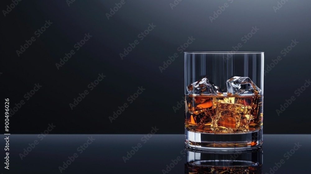 A glass of whiskey on the rocks with a dark background, offering plenty of space for copy. A glass of whiskey on the rocks with a dark background, offering plenty of space for copy.
