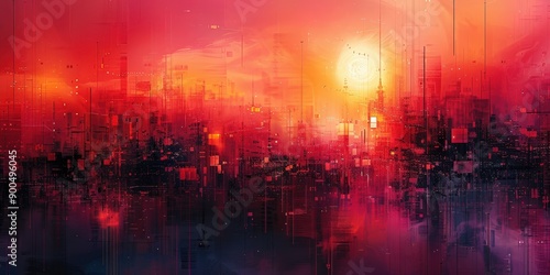 Vibrant Cityscape Ablaze in Fiery Hues at Sunset