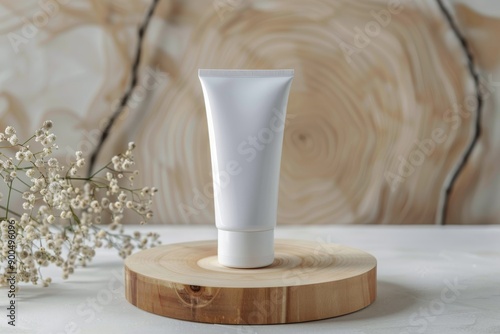 White Lotion Tube on Wooden Board