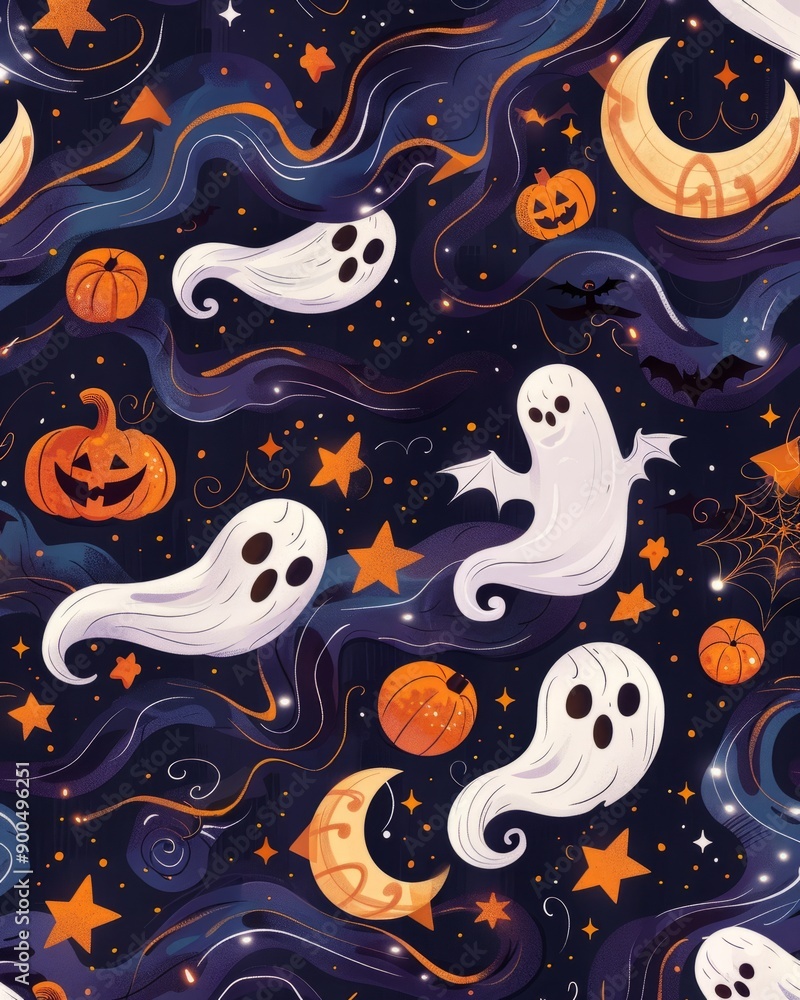 Seamless pattern with ghosts, pumpkins, stars and crescent moon on dark blue background. Seamless pattern with ghosts, pumpkins, stars and crescent moon on dark blue background.