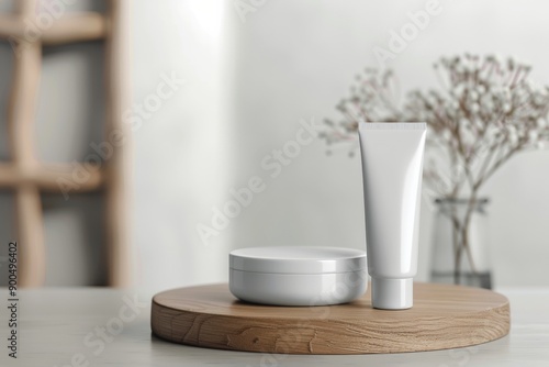 White Lotion Tube on Wooden Board