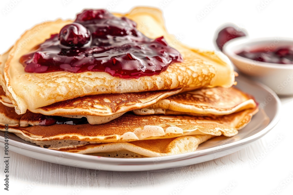 pancakes with cherry jam on a white background, generative ai pancakes with cherry jam on a white background, generative ai