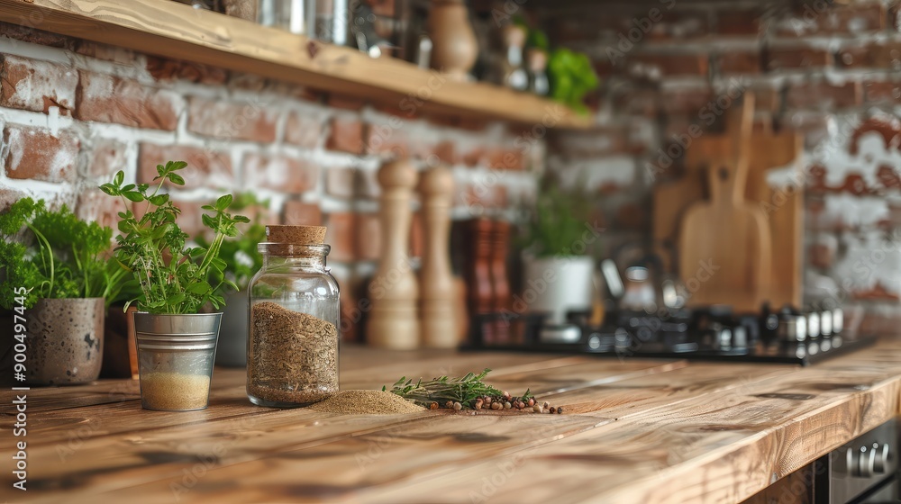 A rustic kitchen countertop with scattered herbs and spices, leaving plenty of room for copy. A rustic kitchen countertop with scattered herbs and spices, leaving plenty of room for copy.