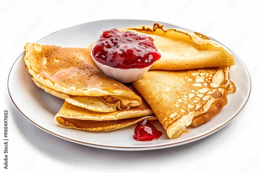pancakes with cherry jam on a white background, generative ai pancakes with cherry jam on a white background, generative ai