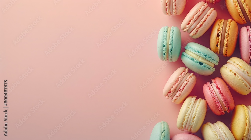 A selection of colorful macarons on a pastel background, offering plenty of empty space for copy.