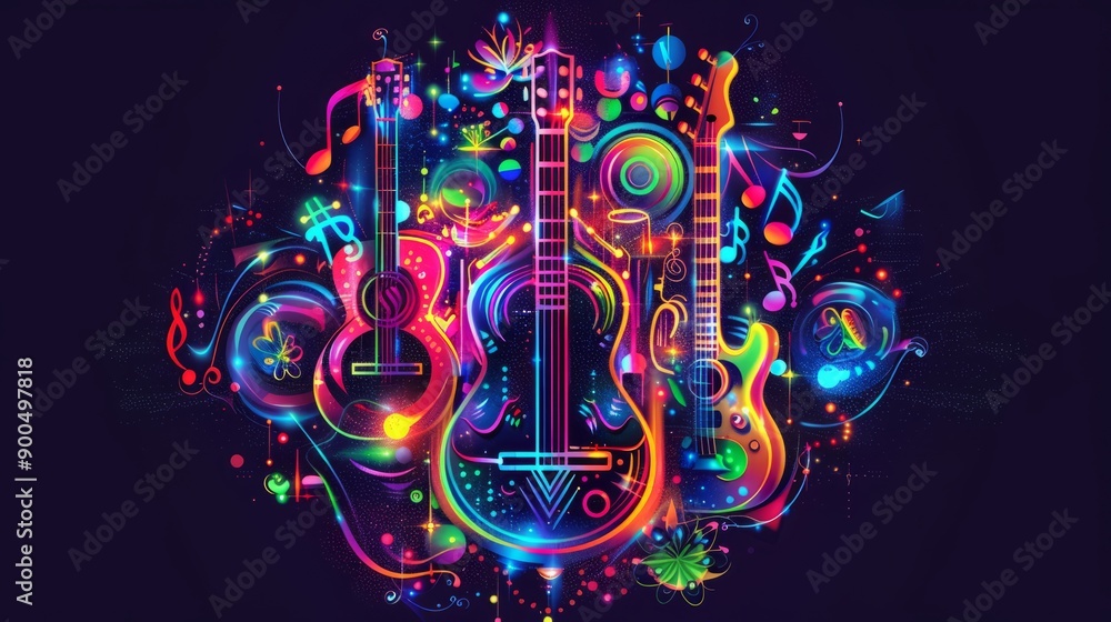 Vector illustration of musical instruments, guitar and bass in the center with colorful glowing neon shapes around it, on black background Vector illustration of musical instruments, guitar and bass in the center with colorful glowing neon shapes around it, on black background