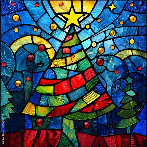 christmas tree, Stained glass window in church, Christmas, Santa Claus