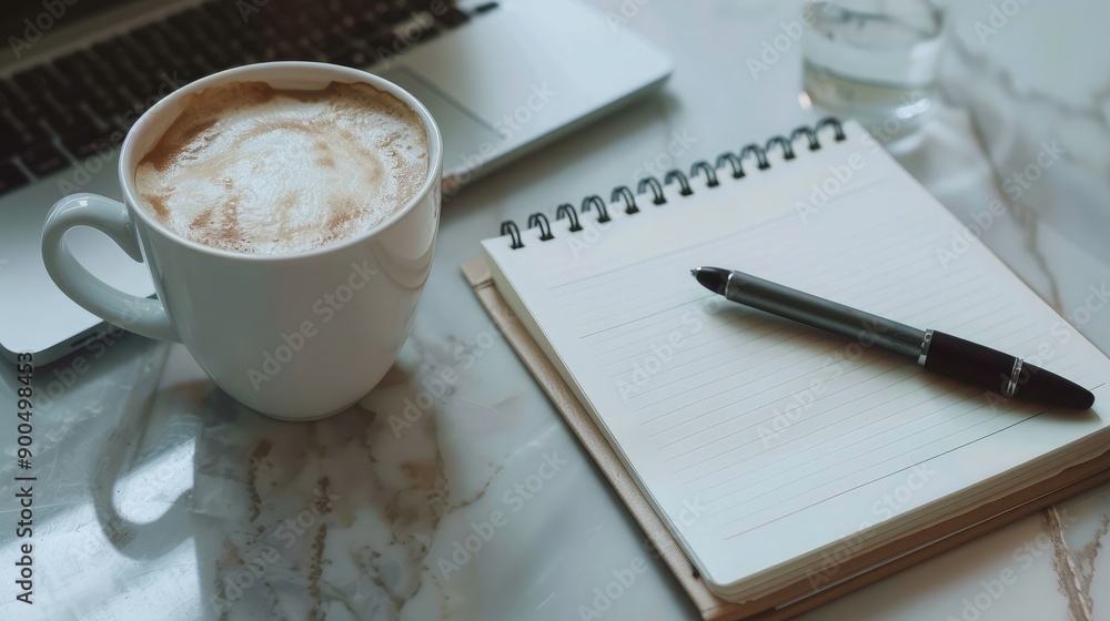 A workspace with a laptop, notebook, and coffee cup, leaving plenty of room for text. A workspace with a laptop, notebook, and coffee cup, leaving plenty of room for text.