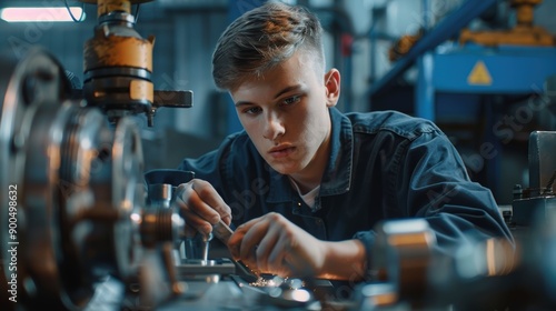 Young Man Concentratedly Working on Industrial Machinery photo