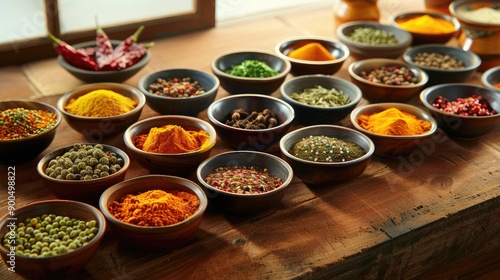 An array of spices in small bowls on a rustic table, offering plenty of space for copy.