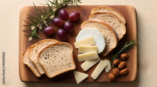 Still life on a rustic wooden board with fresh slices of homemade bread, slices of white cream cheese and purple grapes, along with sprigs of fragrant rosemary  photo