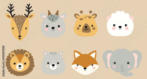 Set of children vector illustrations of cute wild animals isolated on brown background