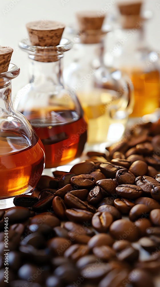 Coffee extracts displayed with coffee beans. Coffee extracts displayed with coffee beans.