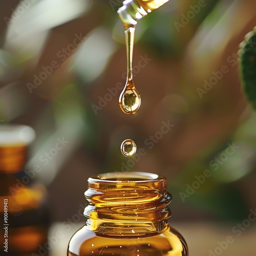 Closeup of essential oil drops falling into a carrier oil.