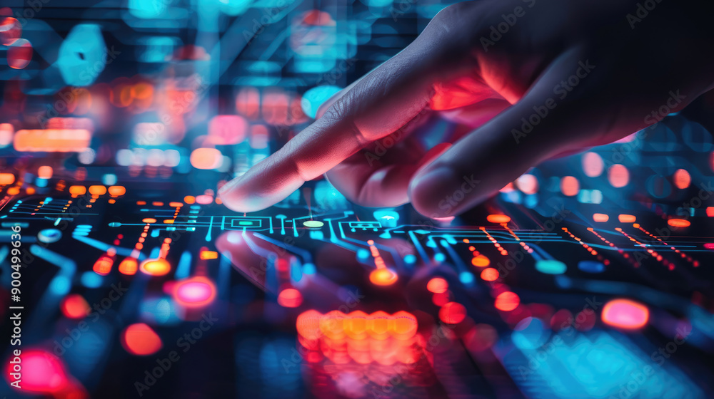 Futuristic Hand Touching Circuit Board with Glowing Lights and Advanced Technology Futuristic Hand Touching Circuit Board with Glowing Lights and Advanced Technology