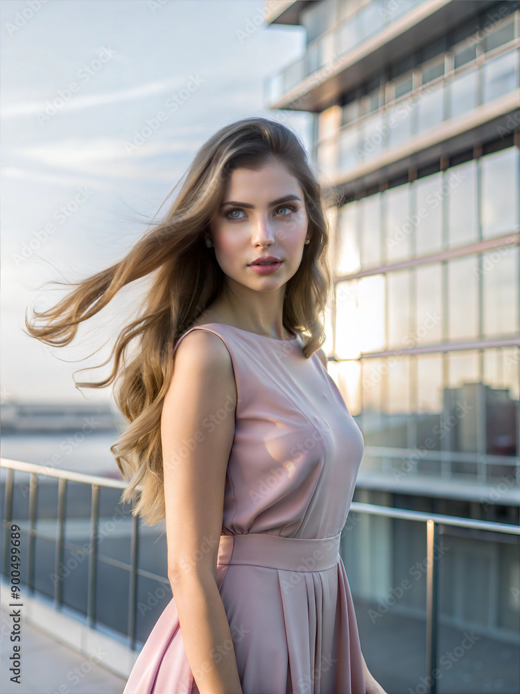 Elegant Woman in Pink Dress Posing Against Urban Background Elegant Woman in Pink Dress Posing Against Urban Background