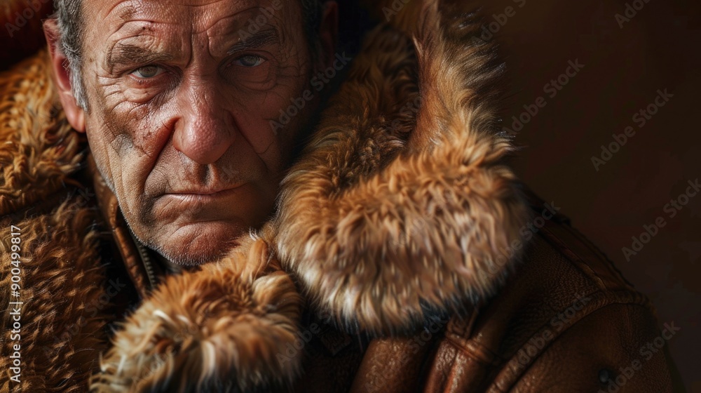 A person wearing a fur coat looks directly at the camera A person wearing a fur coat looks directly at the camera