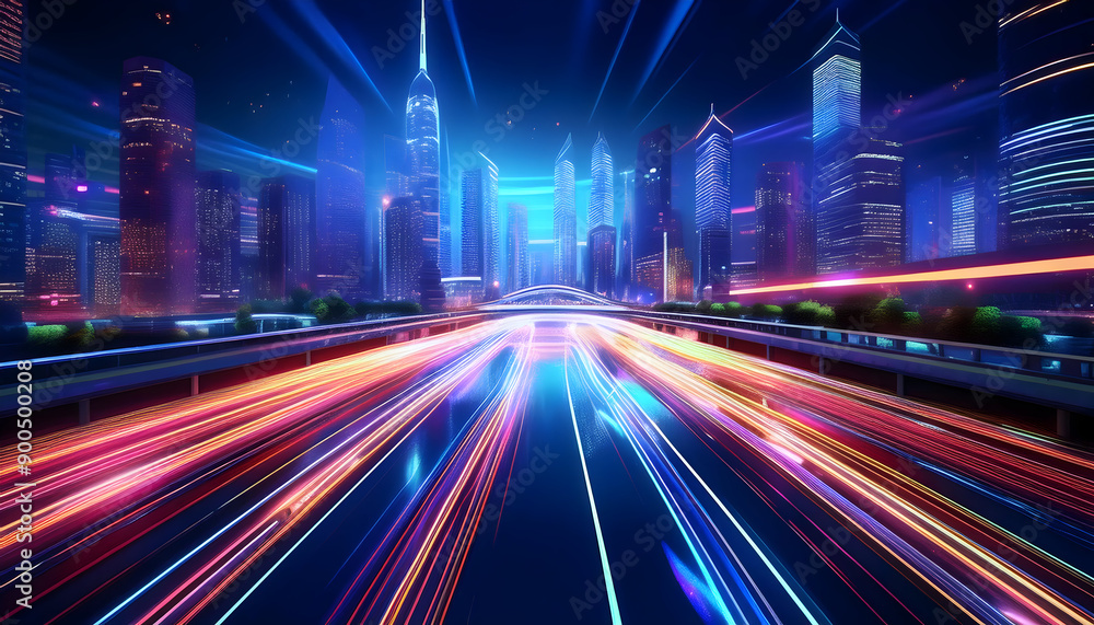 The street wonders streams of light trails, Generative AI. The street wonders streams of light trails, Generative AI.