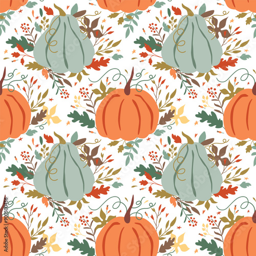 Floral pumpkin seamless pattern in damask ornament. Fall or Thanksgiving day background. Vector autumn print with maple, leaves, foliage, berry. Cute colorful wrapping paper, textile design, wallpaper