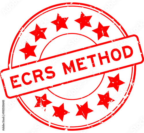 Grunge red ECRS (Abbreviation of Eliminate, Combine, Rearrange, and Simplify) word with star icon round rubber seal stamp on white background