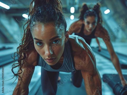 Intense Fitness Training Session with Two Determined Women in a Modern Gym with State-of-the-Art Equipment © DesignDelight