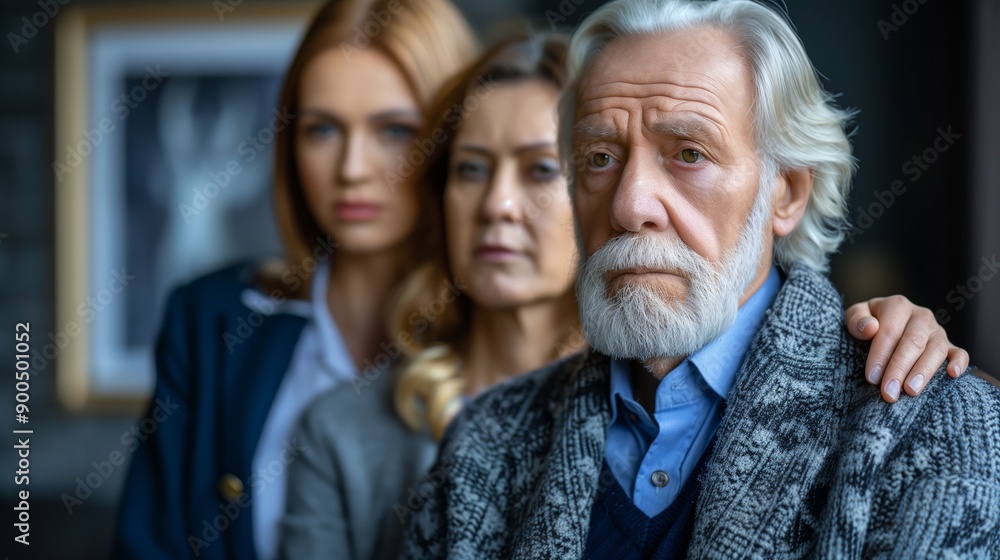 A sad senior man with white hair and beard standing with his family. Concept of comforting and supporting. A sad senior man with white hair and beard standing with his family. Concept of comforting and supporting.