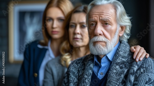 A sad senior man with white hair and beard standing with his family. Concept of comforting and supporting.