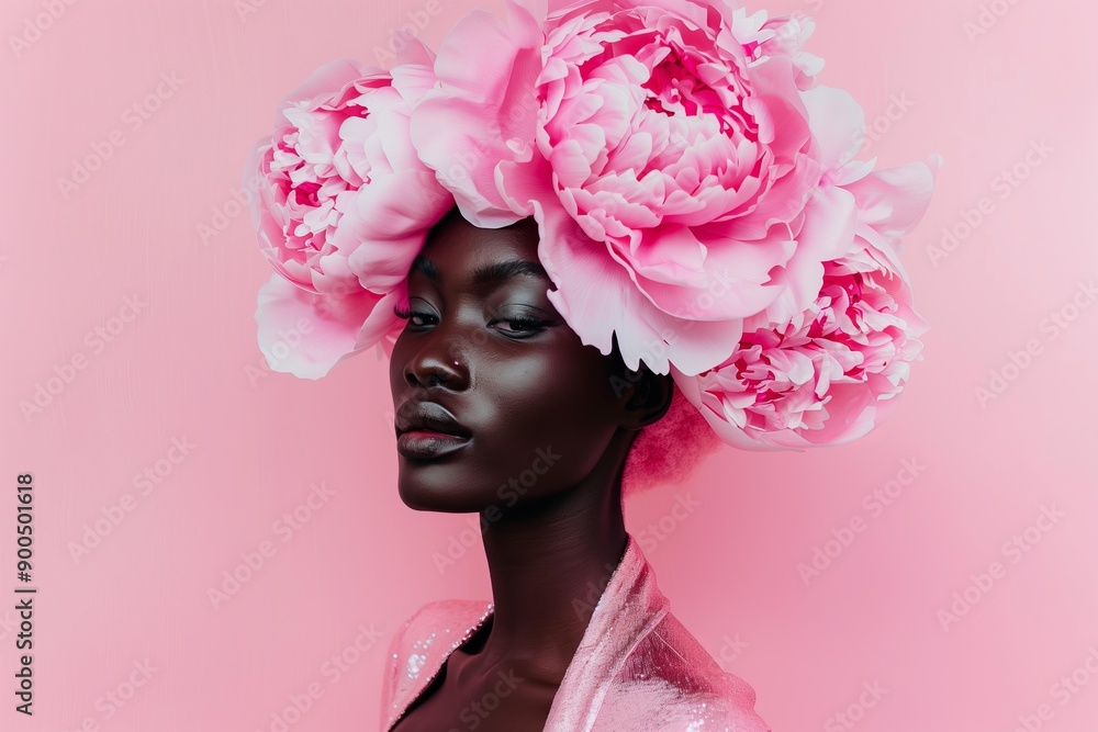 beautiful black woman with very dark skin with pastel pink hair merging into a pink peony pastel pink background beautiful black woman with very dark skin with pastel pink hair merging into a pink peony pastel pink background
