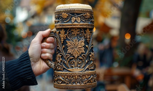 A hand-crafted beer stein with intricate designs at the Oktoberfest festival. photo