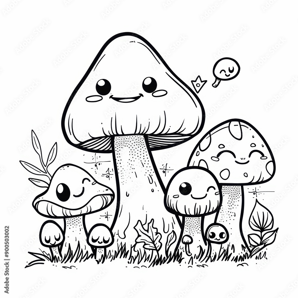 Group of Cute Cartoon Mushrooms with Smiling Faces. Coloring book line art design vector illustration. Group of Cute Cartoon Mushrooms with Smiling Faces. Coloring book line art design vector illustration.