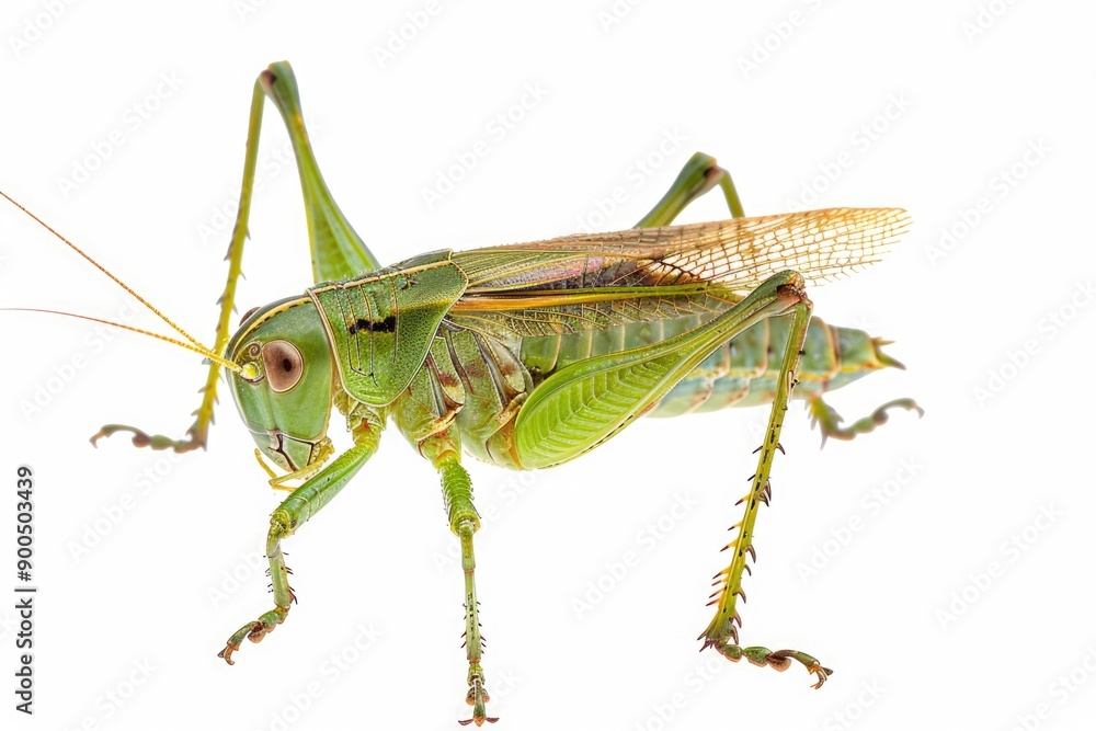 A close-up shot of a green grasshopper sitting on a white background A close-up shot of a green grasshopper sitting on a white background