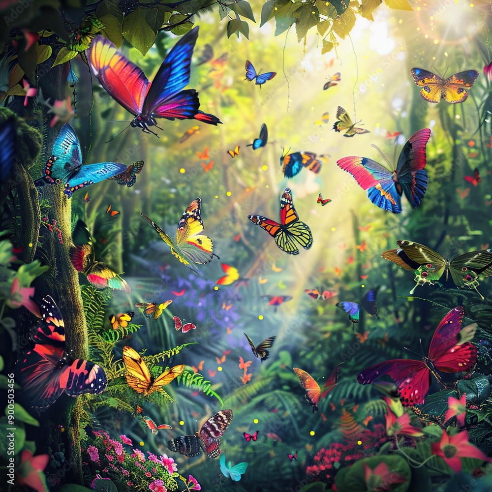 Colorful Birds and Butterflies in a Vibrant Daytime Forest Colorful Birds and Butterflies in a Vibrant Daytime Forest