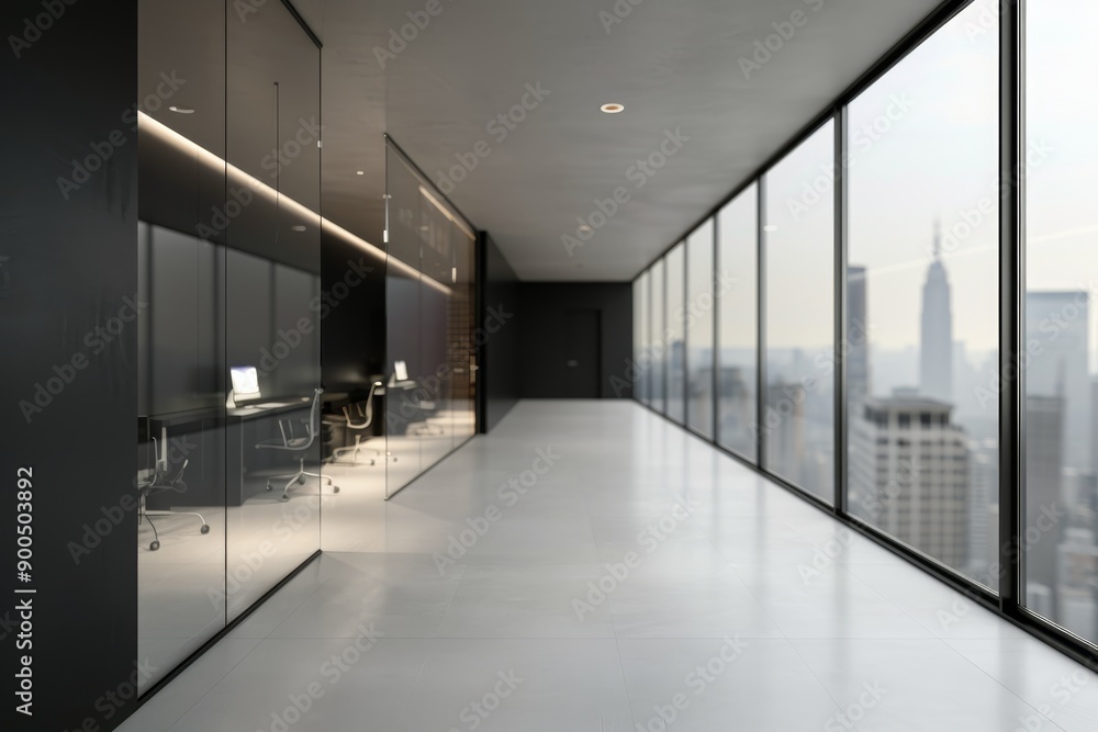 Fototapeta premium Modern Office Hallway With City View