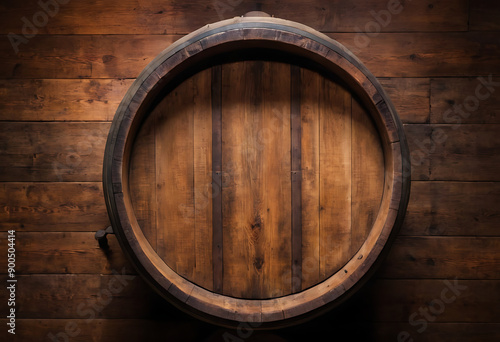 A rustic wooden wine barrel end with a spigot, perfect for backgrounds in food, drink, or historical themes. photo