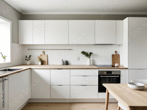 A Scandinavian kitchen featuring white cabinets, light wood countertops, and simple, modern appliances.