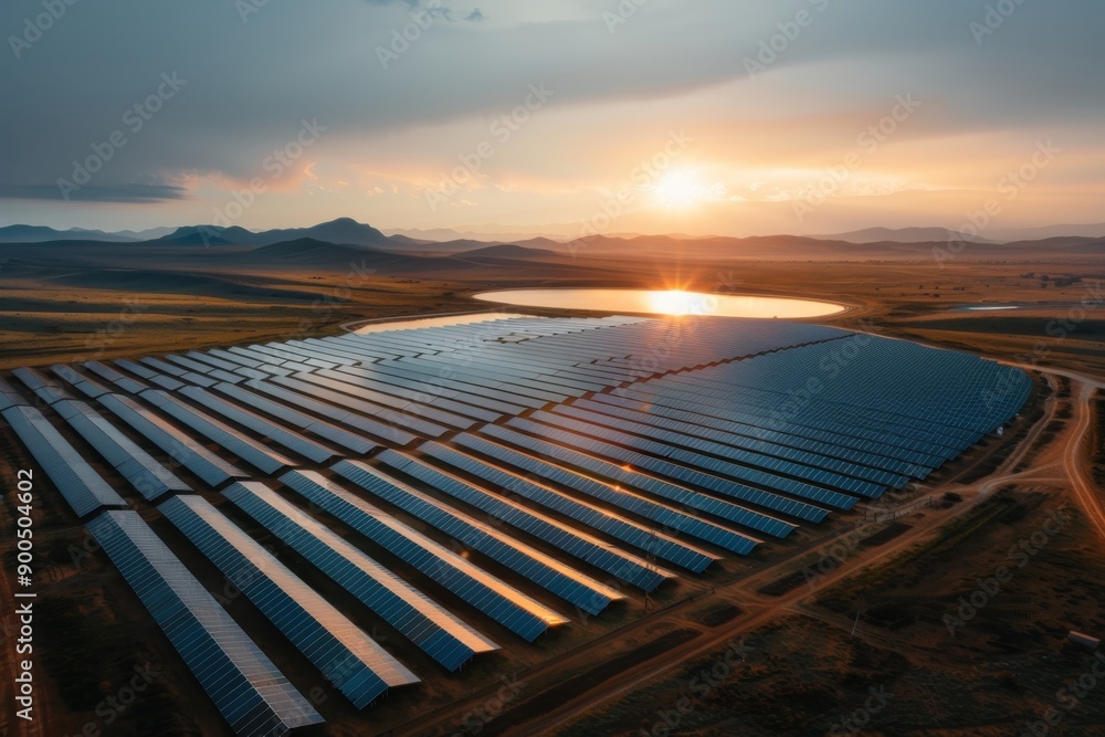 Fototapeta premium A beautiful solar farm situated near a water body reflects the rising sun, nestled in a mountainous landscape, emphasizing the importance of renewable energy sources.