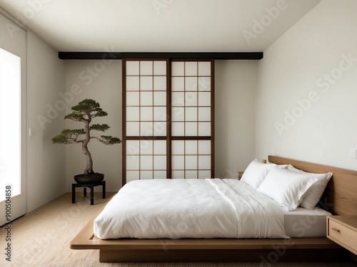 a Japandi style bedroom featuring a low wooden bed with white linens, a shoji screen, and a blend of Scandinavian and Japanese minimalistic furniture