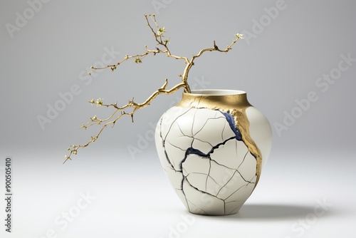 A tree branch is placed in a beautiful kintsugi style white vase. Generation Ai