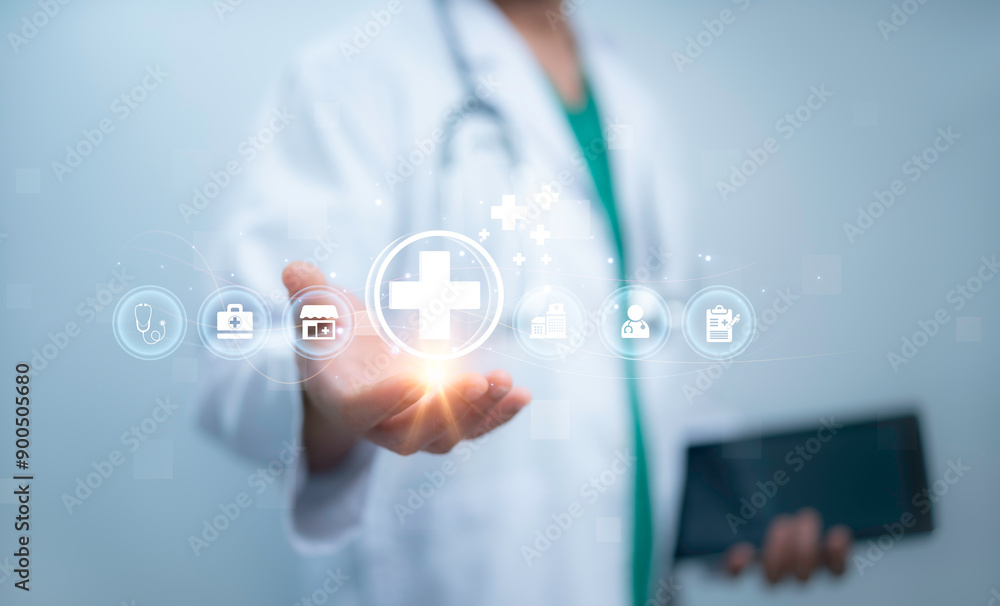 A medical worker using virtual with health care icons, medical technology background, health insurance business.Health Insurance, telemedicine, virtual hospital, family medicine concept. A medical worker using virtual with health care icons, medical technology background, health insurance business.Health Insurance, telemedicine, virtual hospital, family medicine concept.