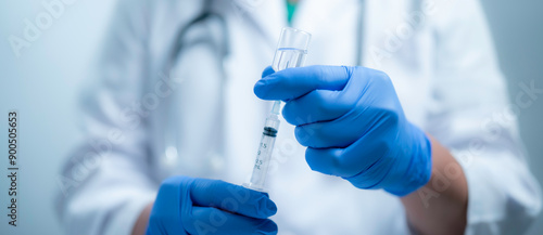 A medical worker wearing a white coat is holding a syringe and vaccine bottle. Health and medical concept