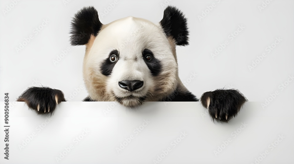 Fototapeta premium Playful Panda Peeking Over White Surface